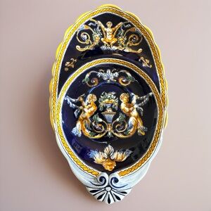 Vtg Gien France Fond Blue Hand Painted Stand Plate Platter Faience Earthenware